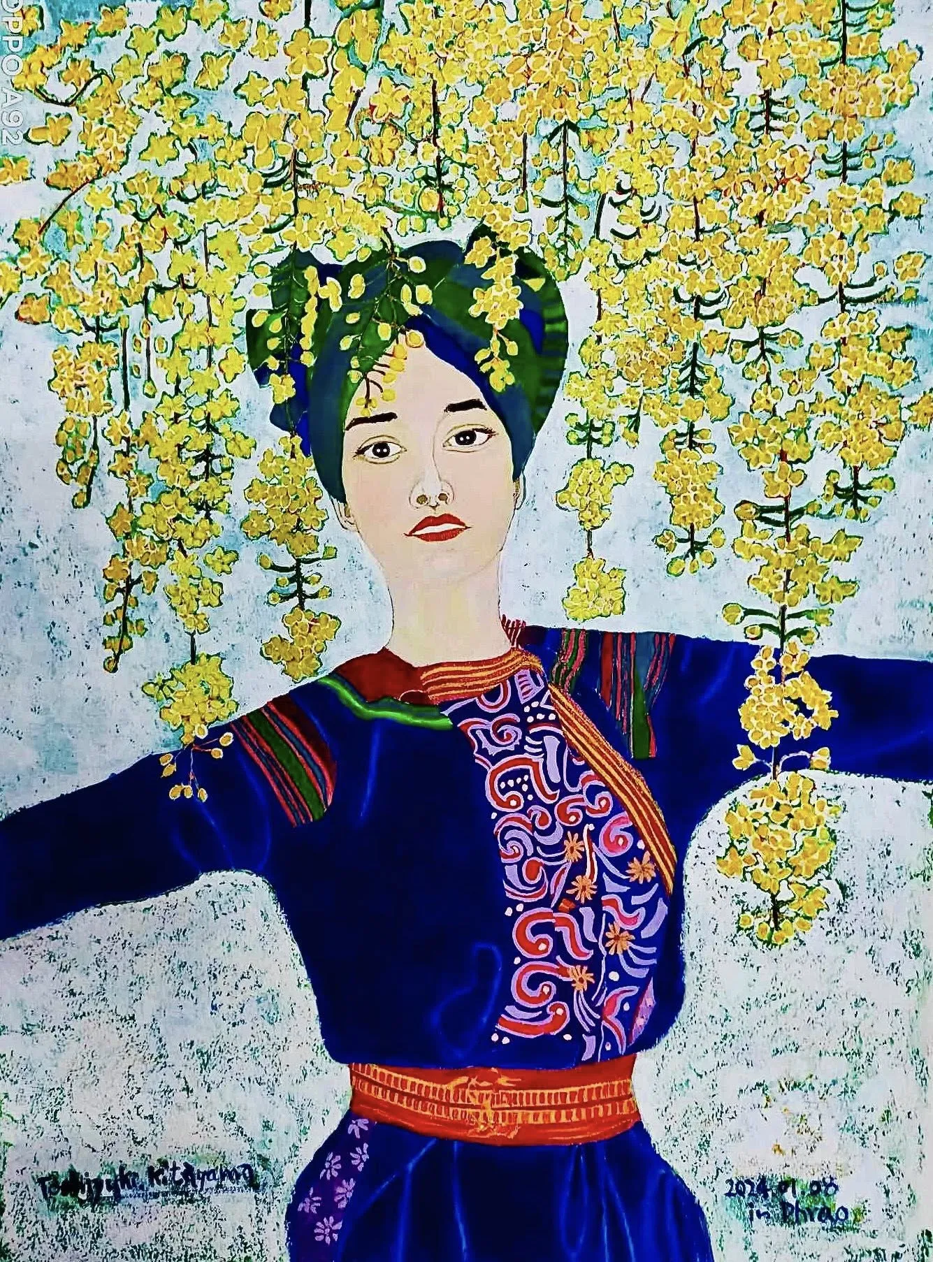 Ratchaphruek and an ethnic-minority woman (painting by Toshiyuki Kitayama)
