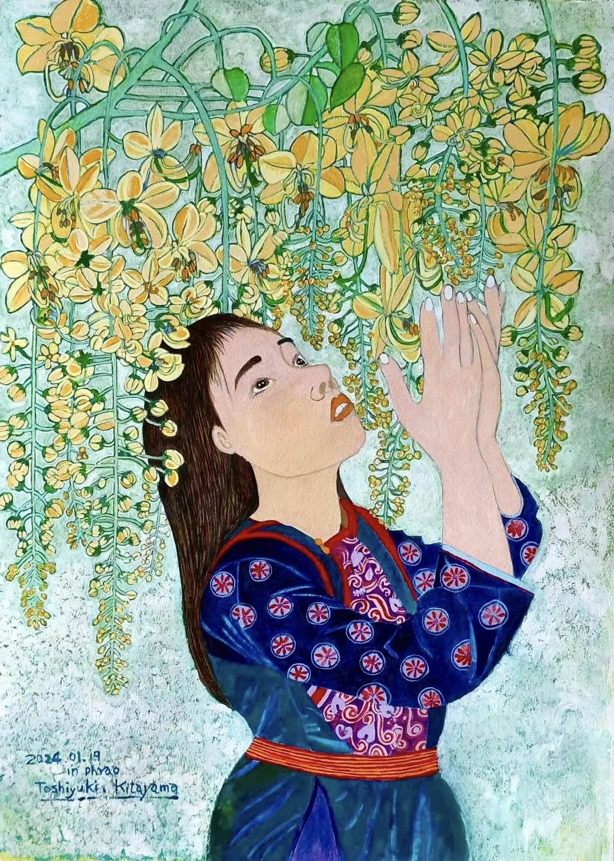 A woman reaching for the blossoms (painting by Toshiyuki Kitayama)